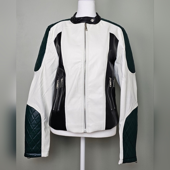 Color-block Vegan Leather Moto Jacket Black White Dark Green LARGE - Picture 5 of 13